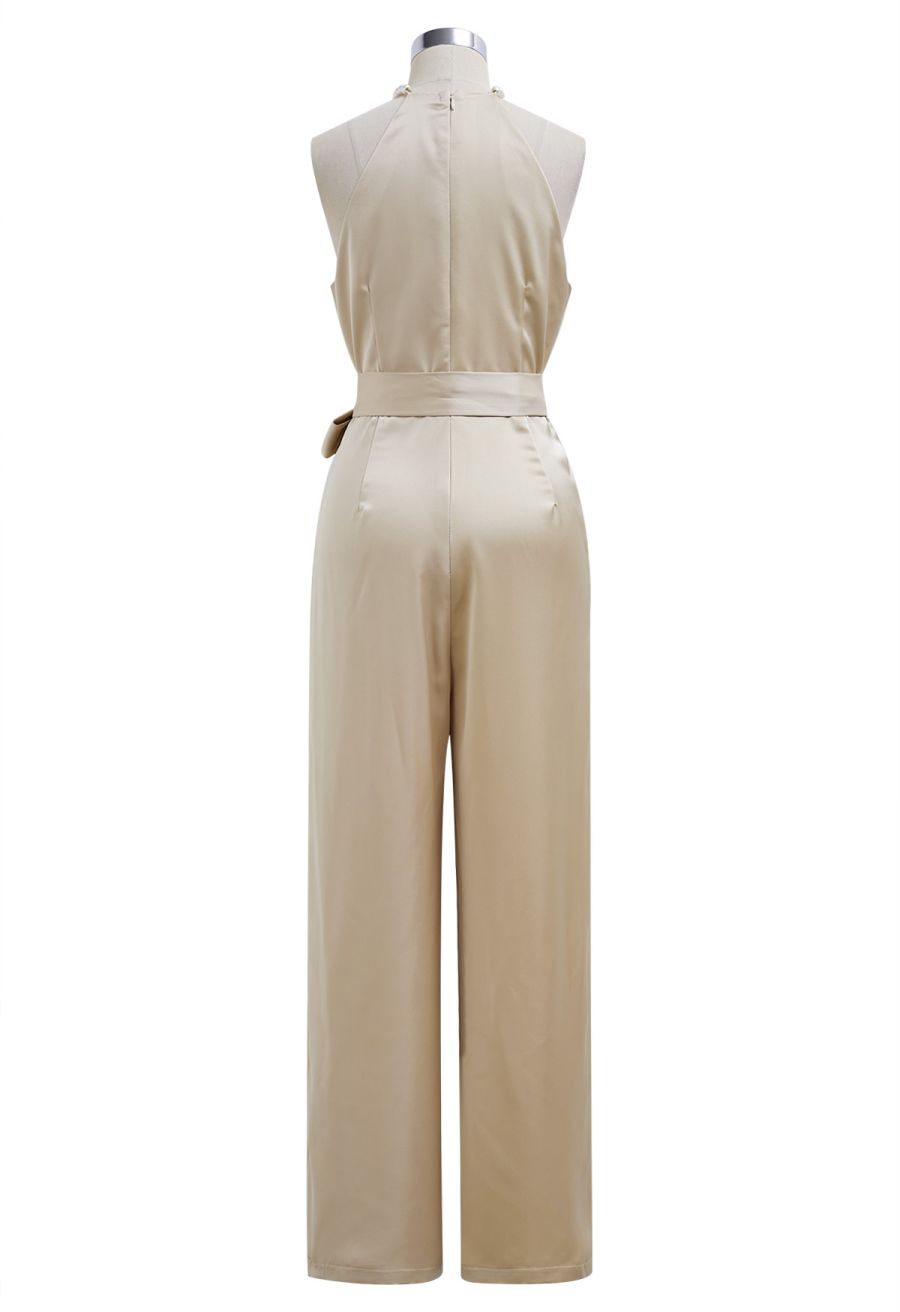 Satin Tie-Waist Pearly Halter Jumpsuit in Sand