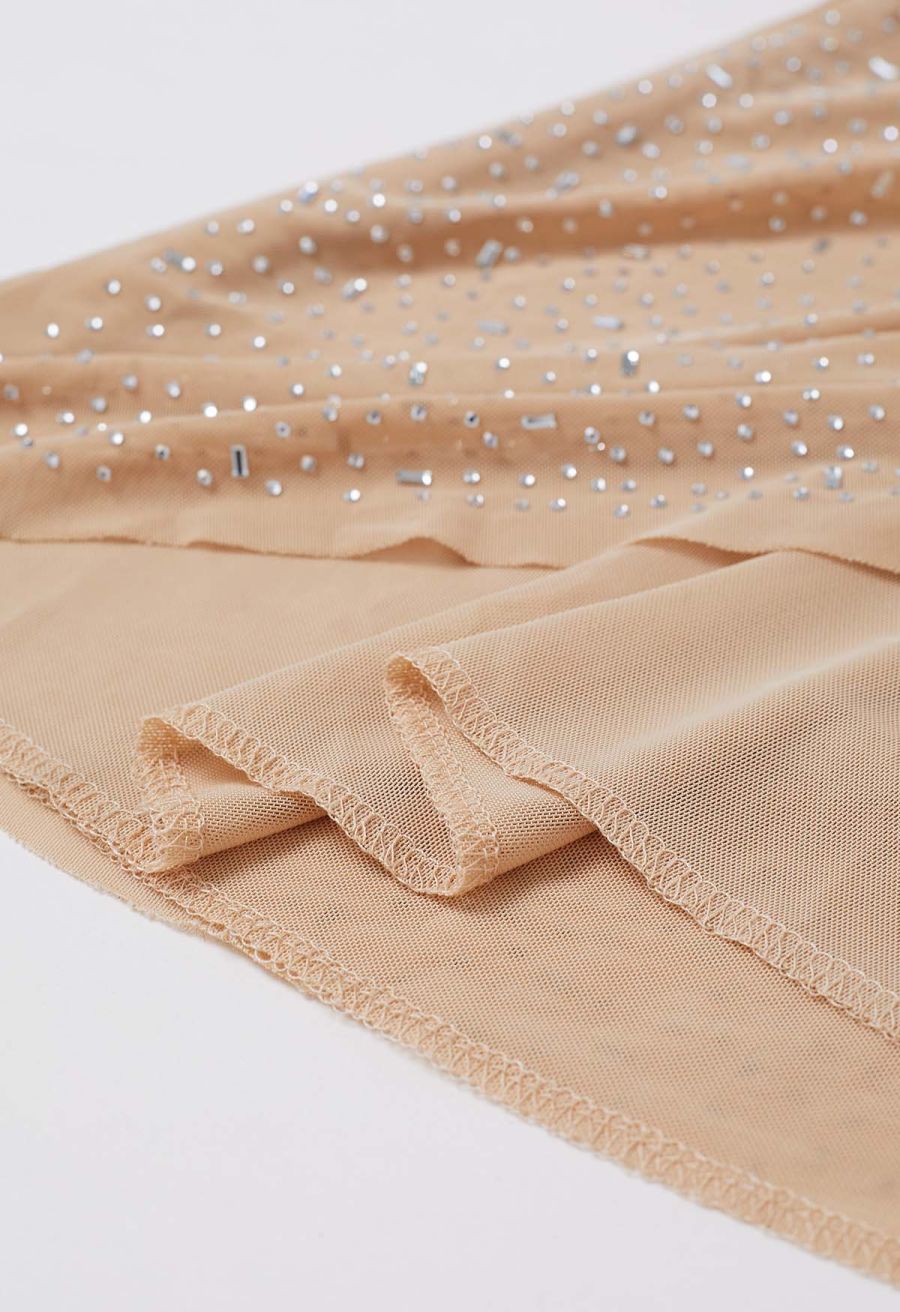 Rhinestone Embellished Bodycon Mesh Maxi Dress in Tan