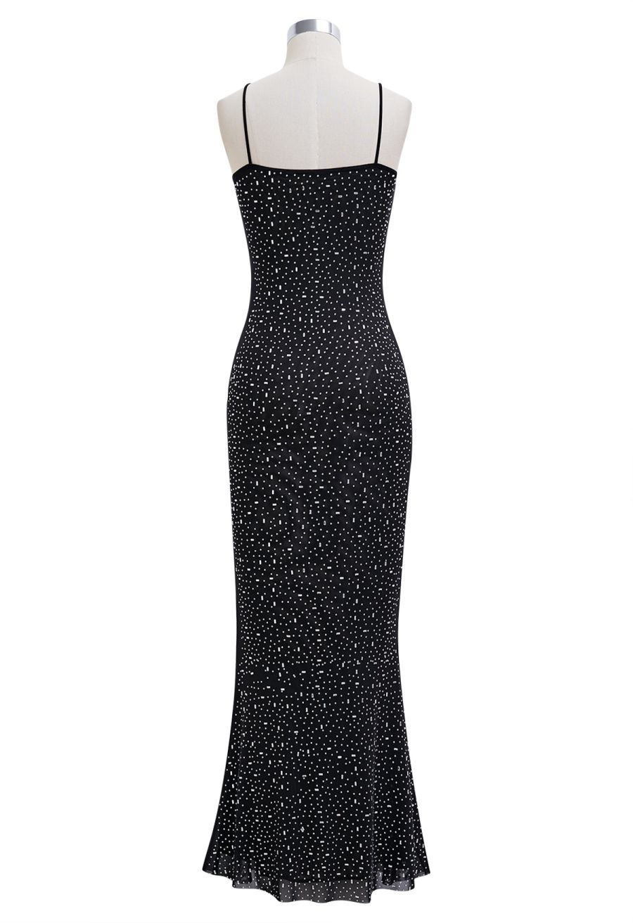 Rhinestone Embellished Bodycon Mesh Maxi Dress in Black