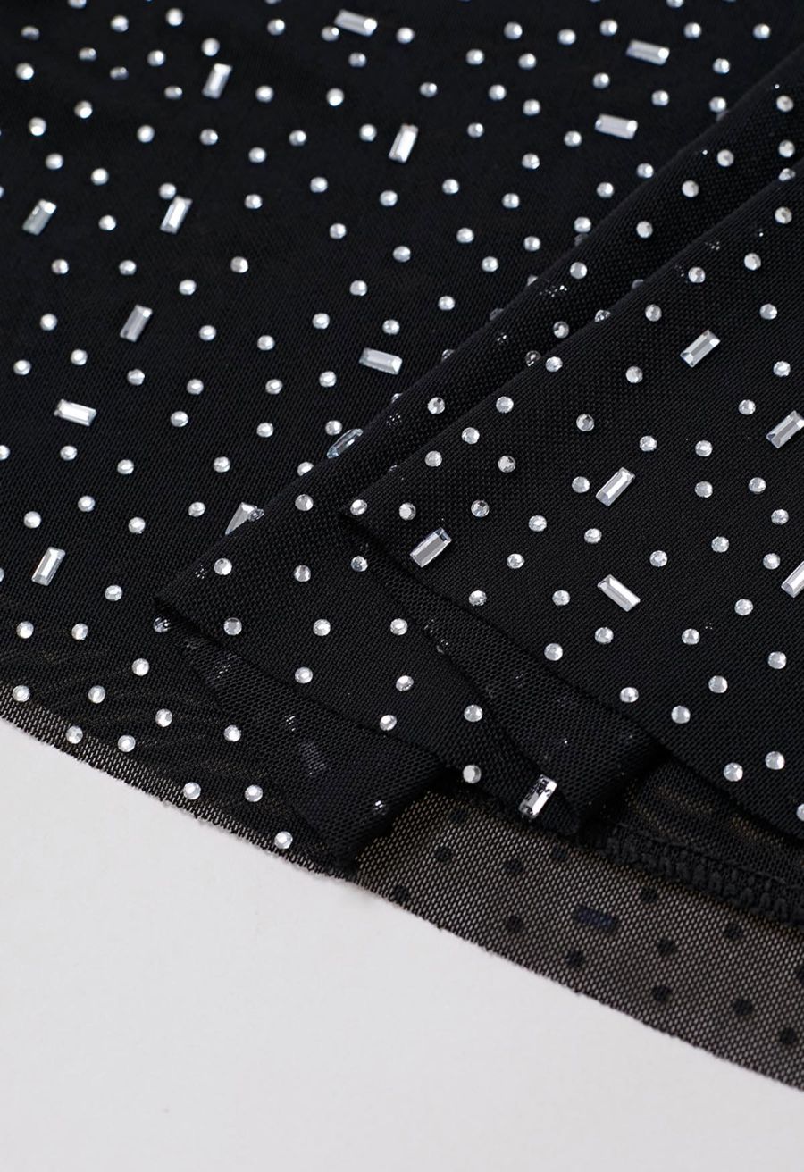 Rhinestone Embellished Bodycon Mesh Maxi Dress in Black