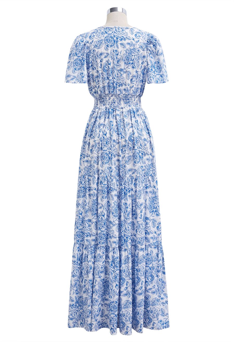 Ebullient Blue Flower Printed Maxi Dress