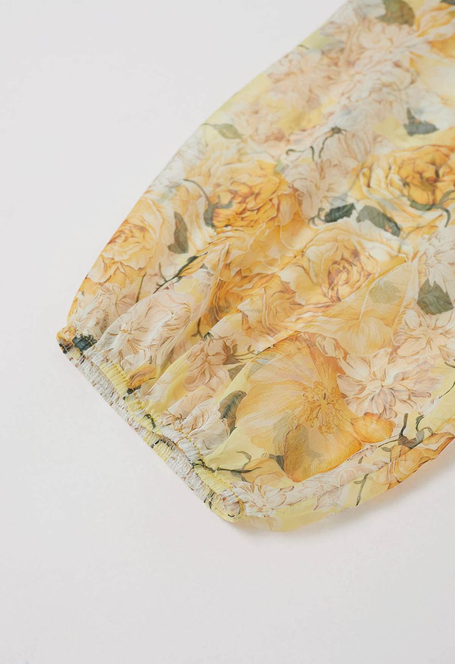 Gauzy Floral Print Bubble Sleeve Dolly Dress in Yellow