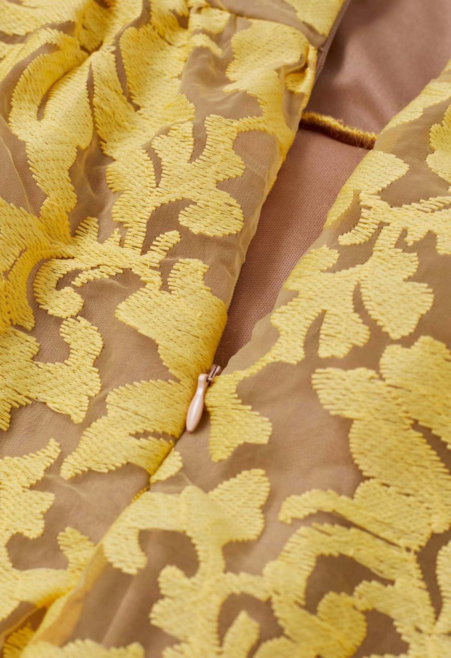 Yellow Embroidered Floral Organza Cami Dress