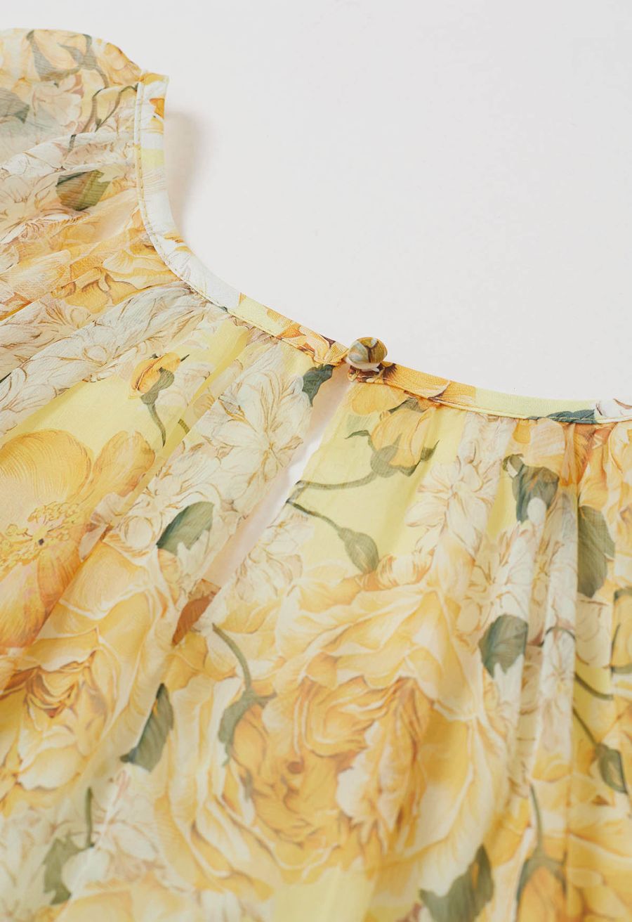 Gauzy Floral Print Bubble Sleeve Dolly Dress in Yellow