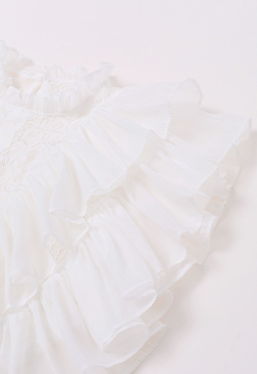 Tiered Ruffle Sleeveless Lace Crop Top in White