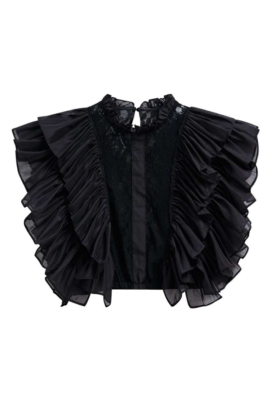 Tiered Ruffle Sleeveless Lace Crop Top in Black