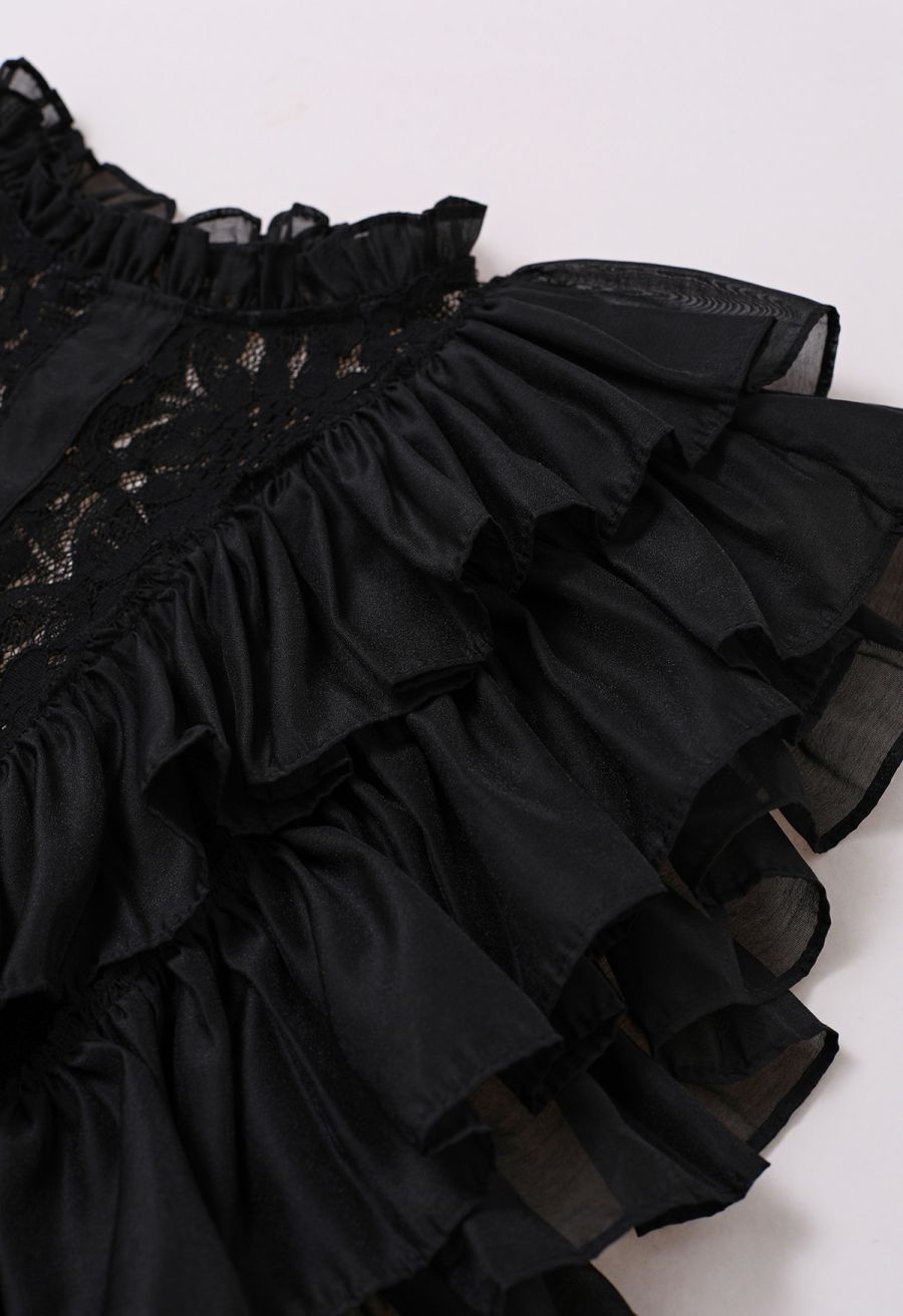 Tiered Ruffle Sleeveless Lace Crop Top in Black