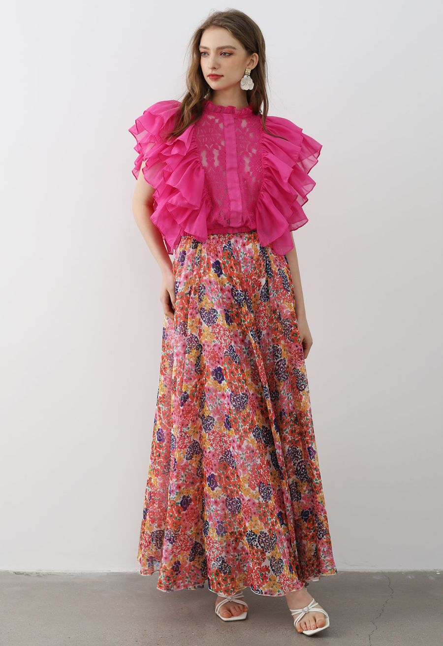 Tiered Ruffle Sleeveless Lace Crop Top in Magenta