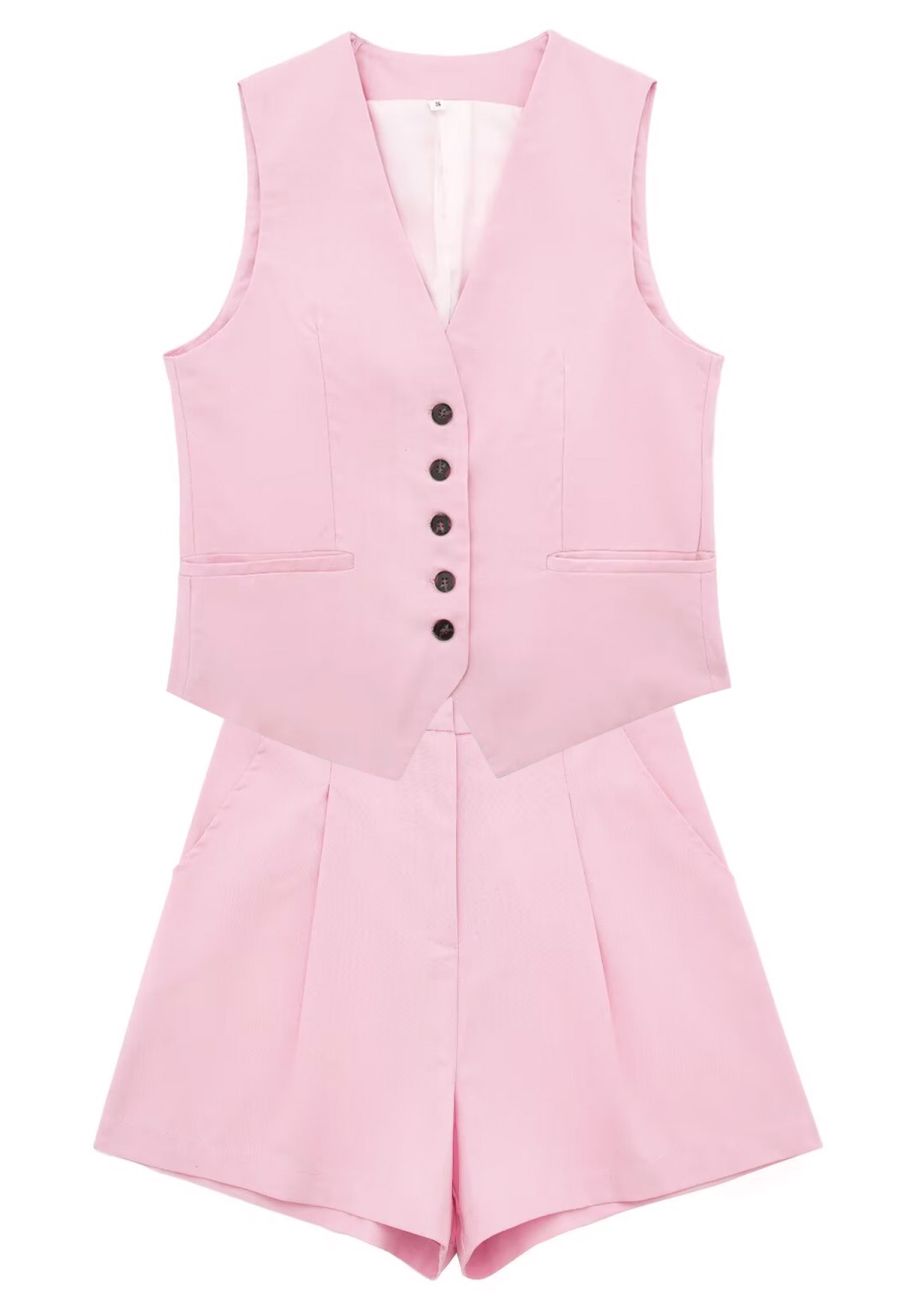 V-Neck Buttoned Down Linen-Blend Vest in Pink