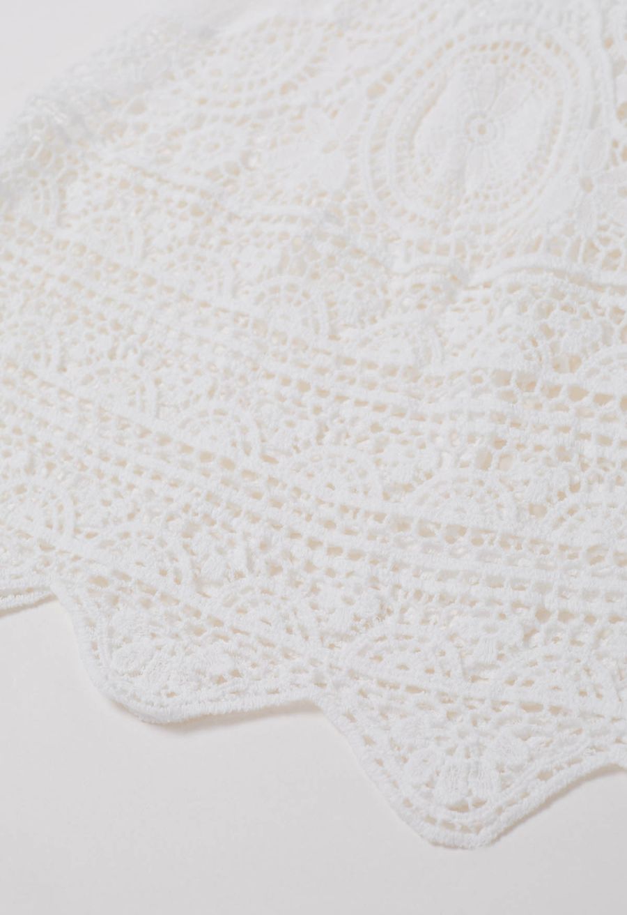 Embroidered Floral Cutwork Crochet Maxi Skirt in White