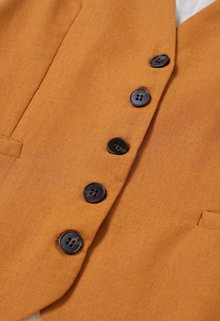 V-Neck Buttoned Down Linen-Blend Vest in Pumpkin