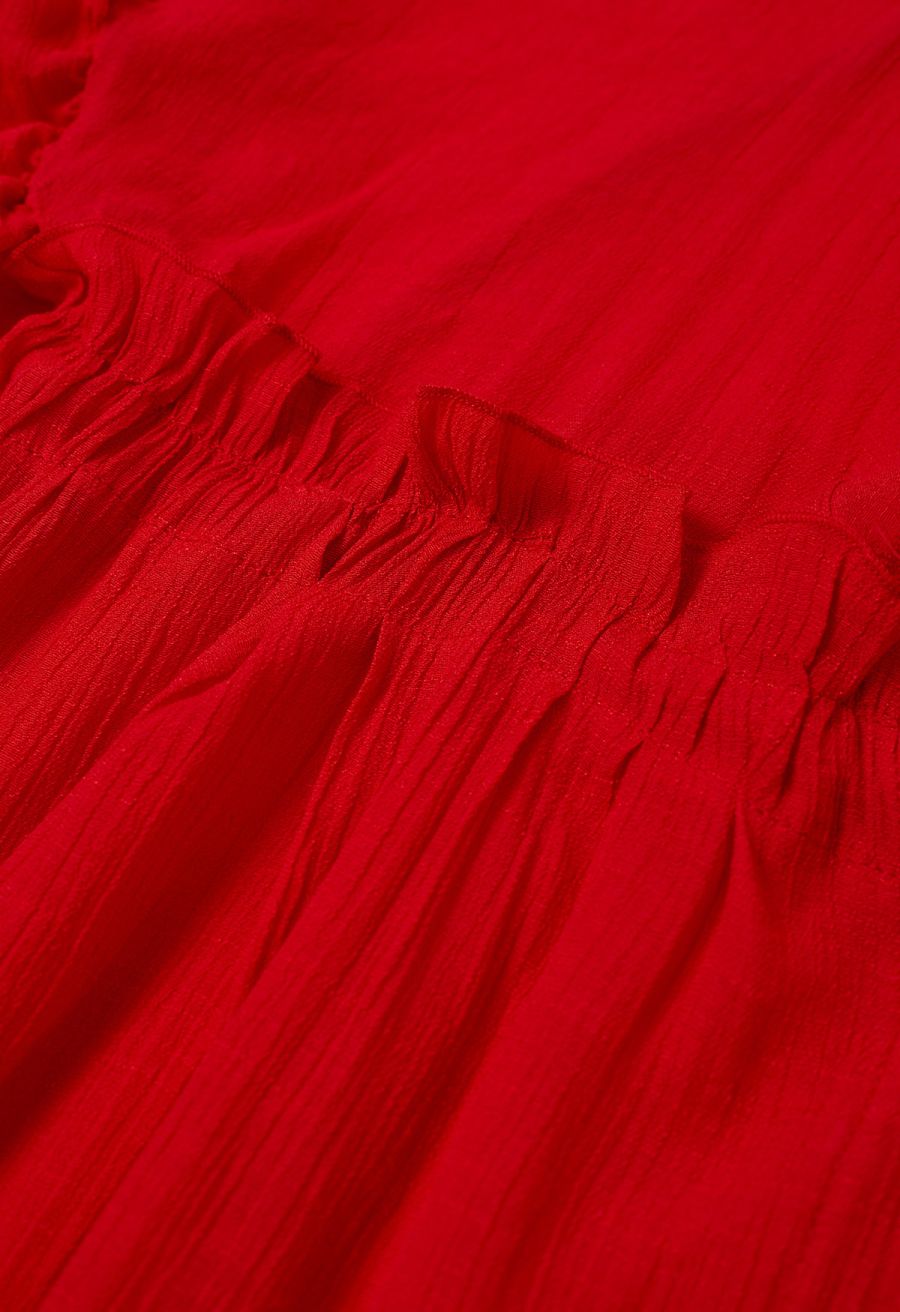 Deep V-Neck Flounce Sleeve Buttoned Cover-Up in Red