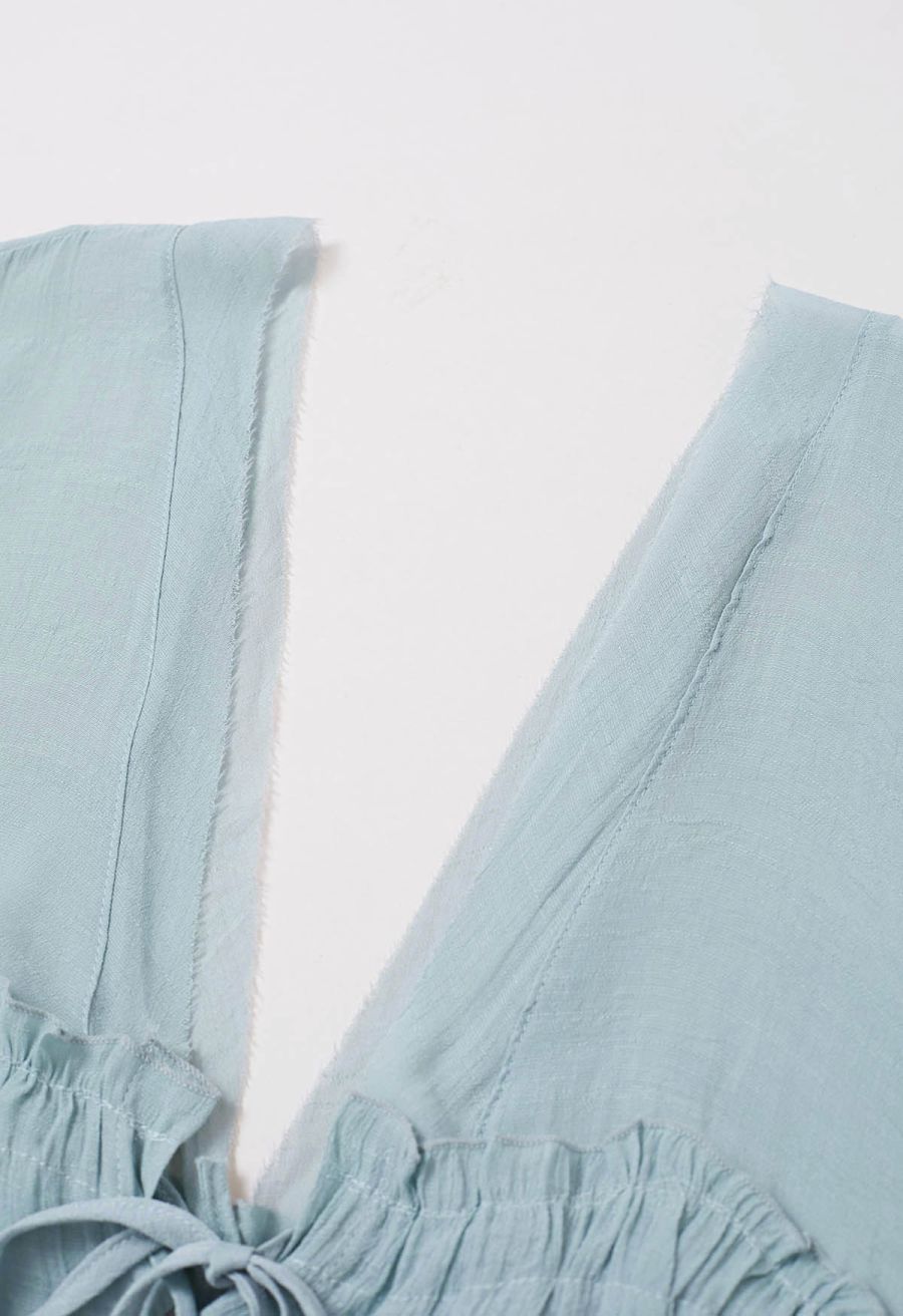 Deep V-Neck Flounce Sleeve Buttoned Cover-Up in Dusty Blue