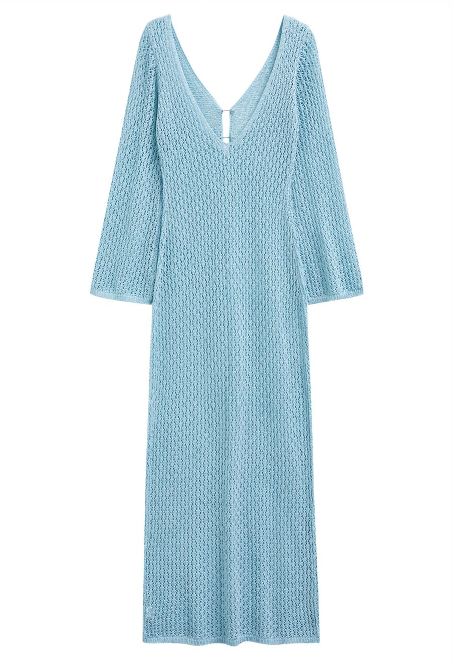 Open Back Bead Decor Crochet Cover-Up in Blue