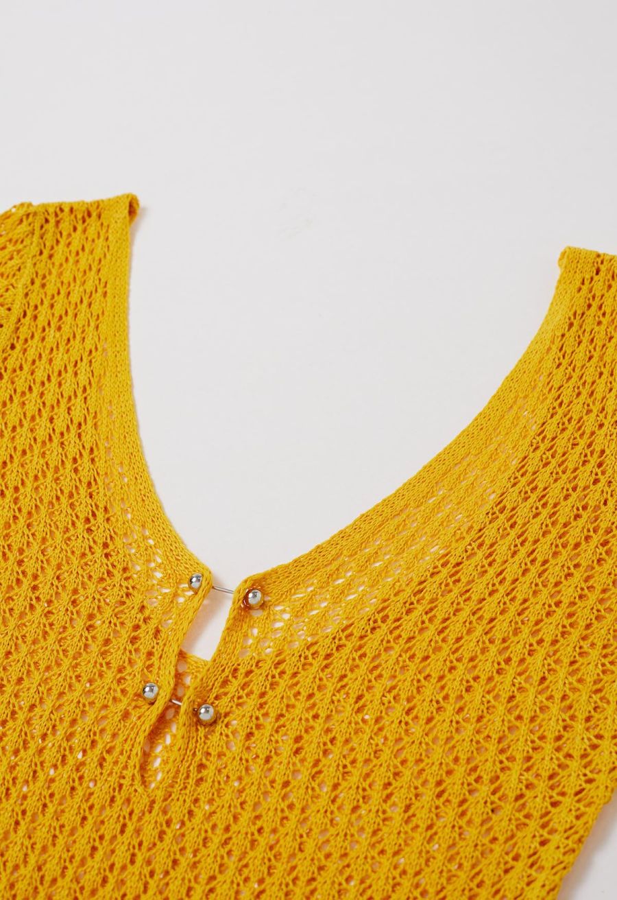 Open Back Bead Decor Crochet Cover-Up in Yellow