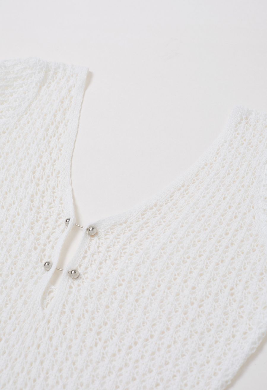 Open Back Bead Decor Crochet Cover-Up in White