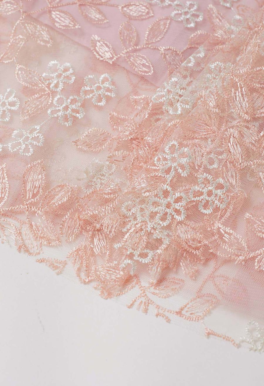 Floral Leaf Embroidered Mesh Tulle Midi Skirt in Pink
