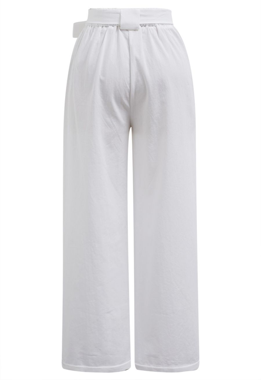 Bow Tie Sash Pleated Wide-Leg Pants in White