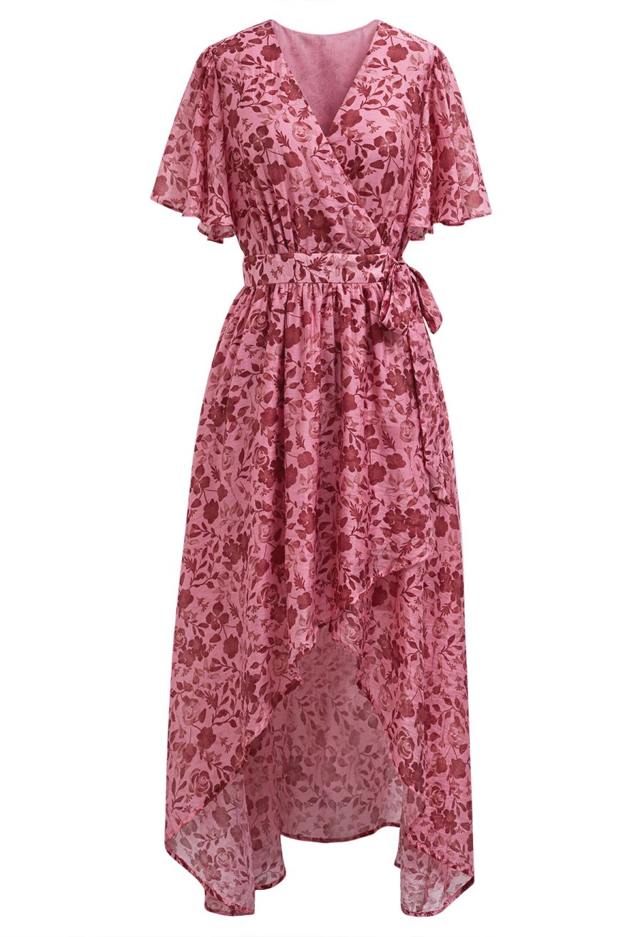 Rust Flower Print Flutter Sleeve Asymmetric Wrap Dress