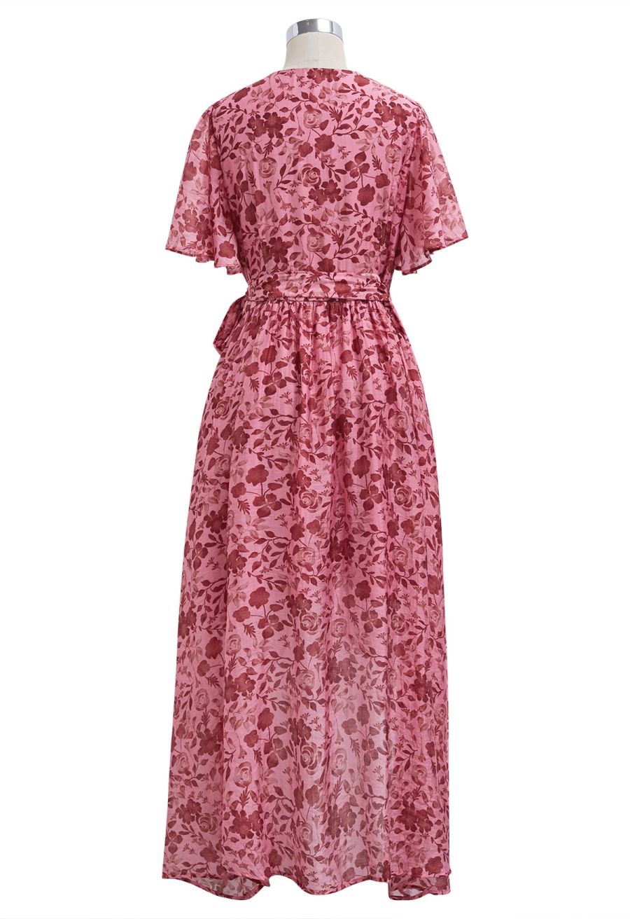 Rust Flower Print Flutter Sleeve Asymmetric Wrap Dress