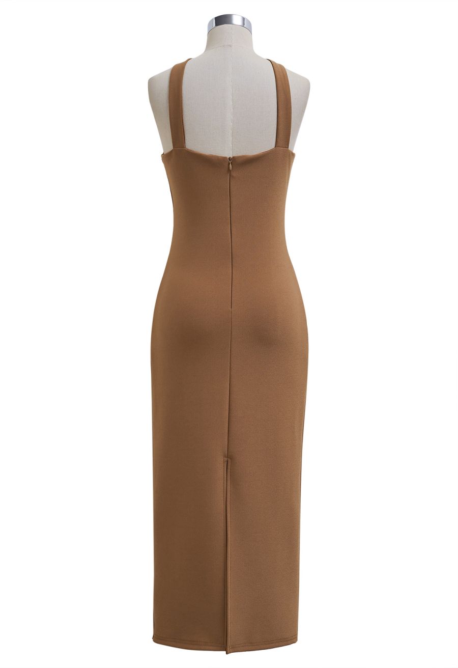Golden Bead Trim Halter Sheath Dress in Caramel
