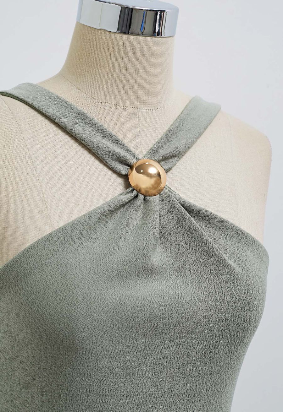 Golden Bead Trim Halter Sheath Dress in Sage