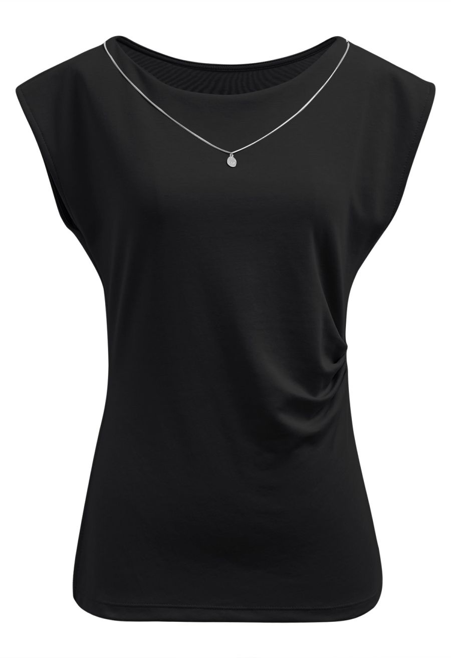 Decorative Necklace Side Pleat Cotton Top in Black
