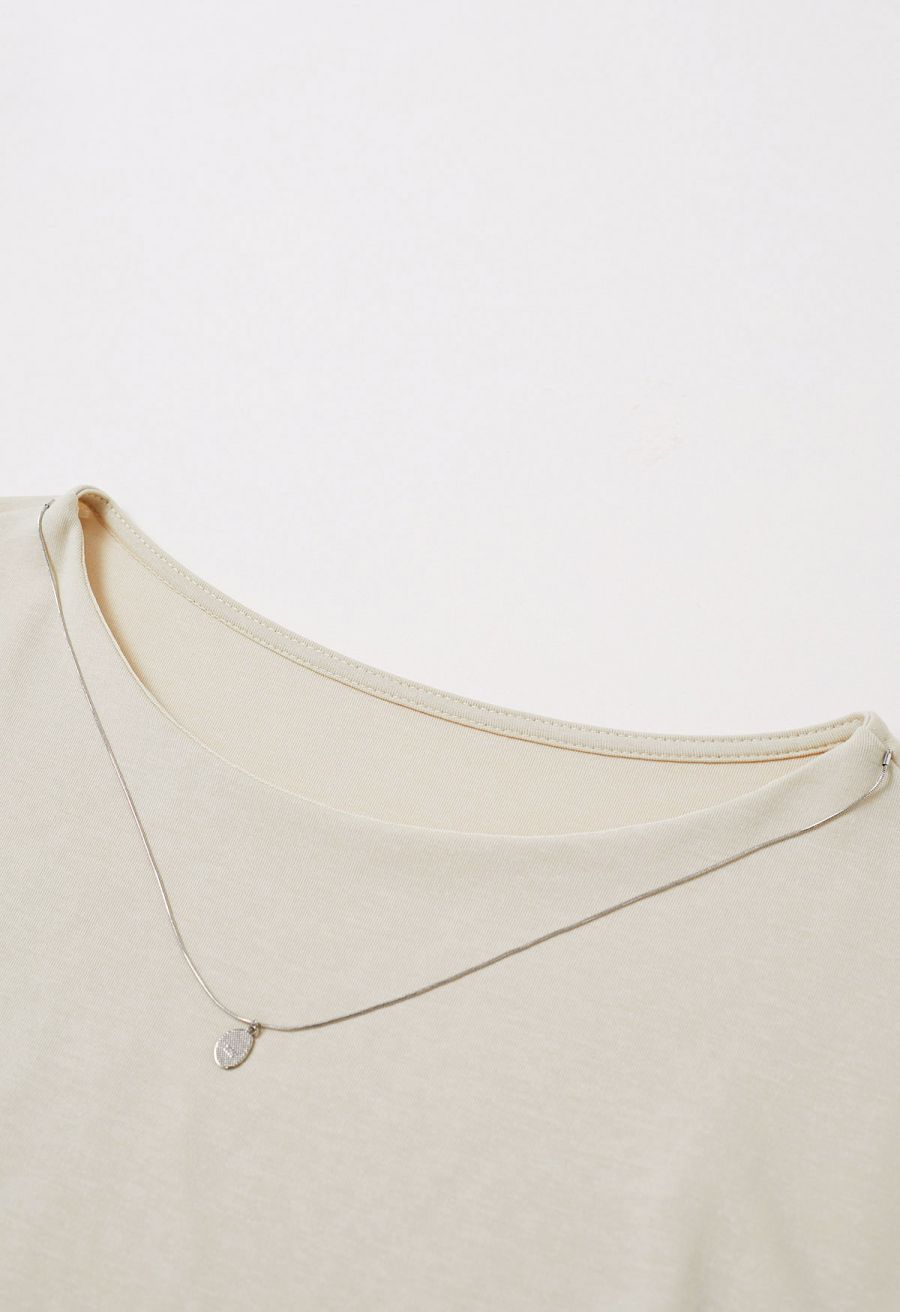 Decorative Necklace Side Pleat Cotton Top in Sand