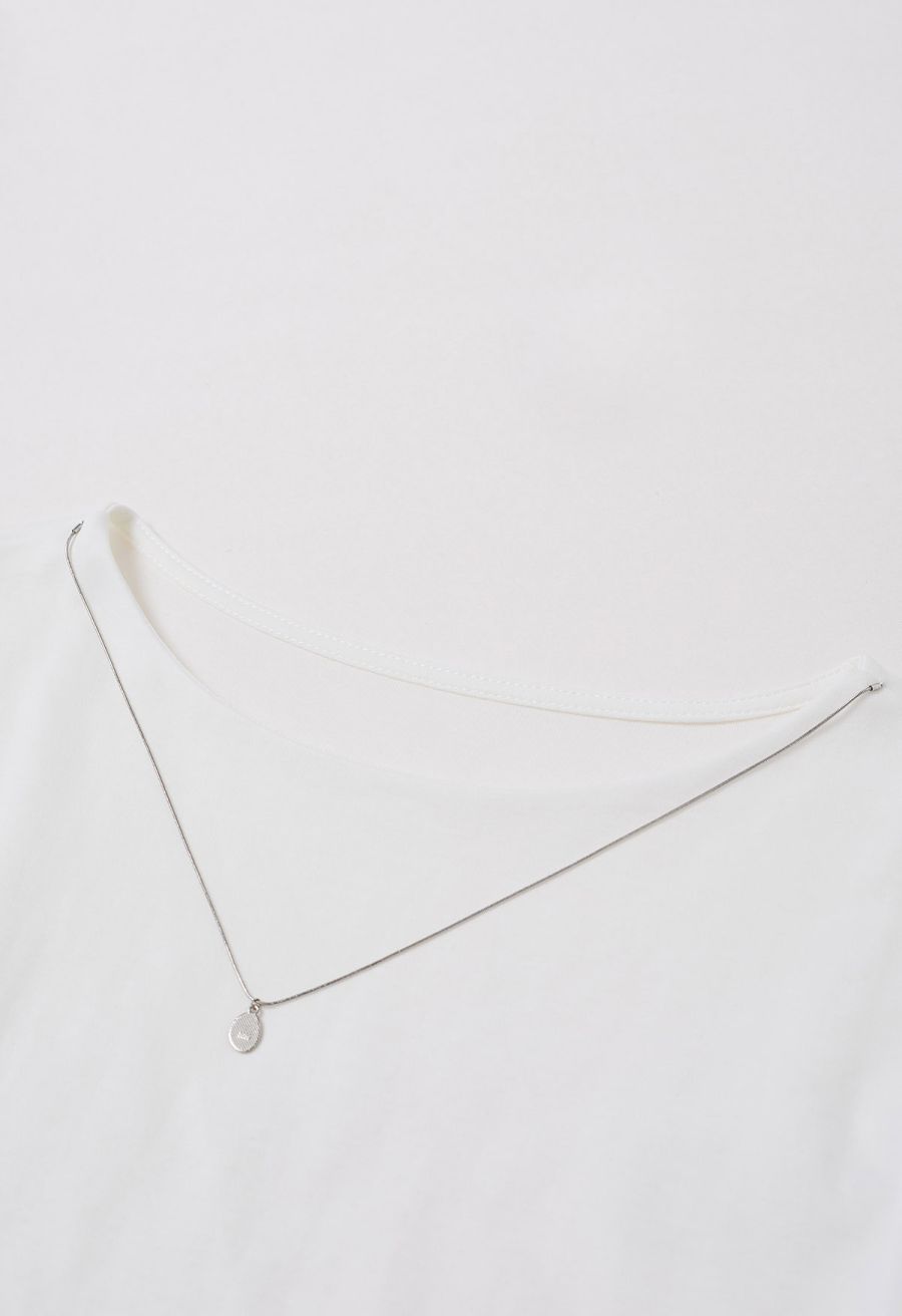 Decorative Necklace Side Pleat Cotton Top in White
