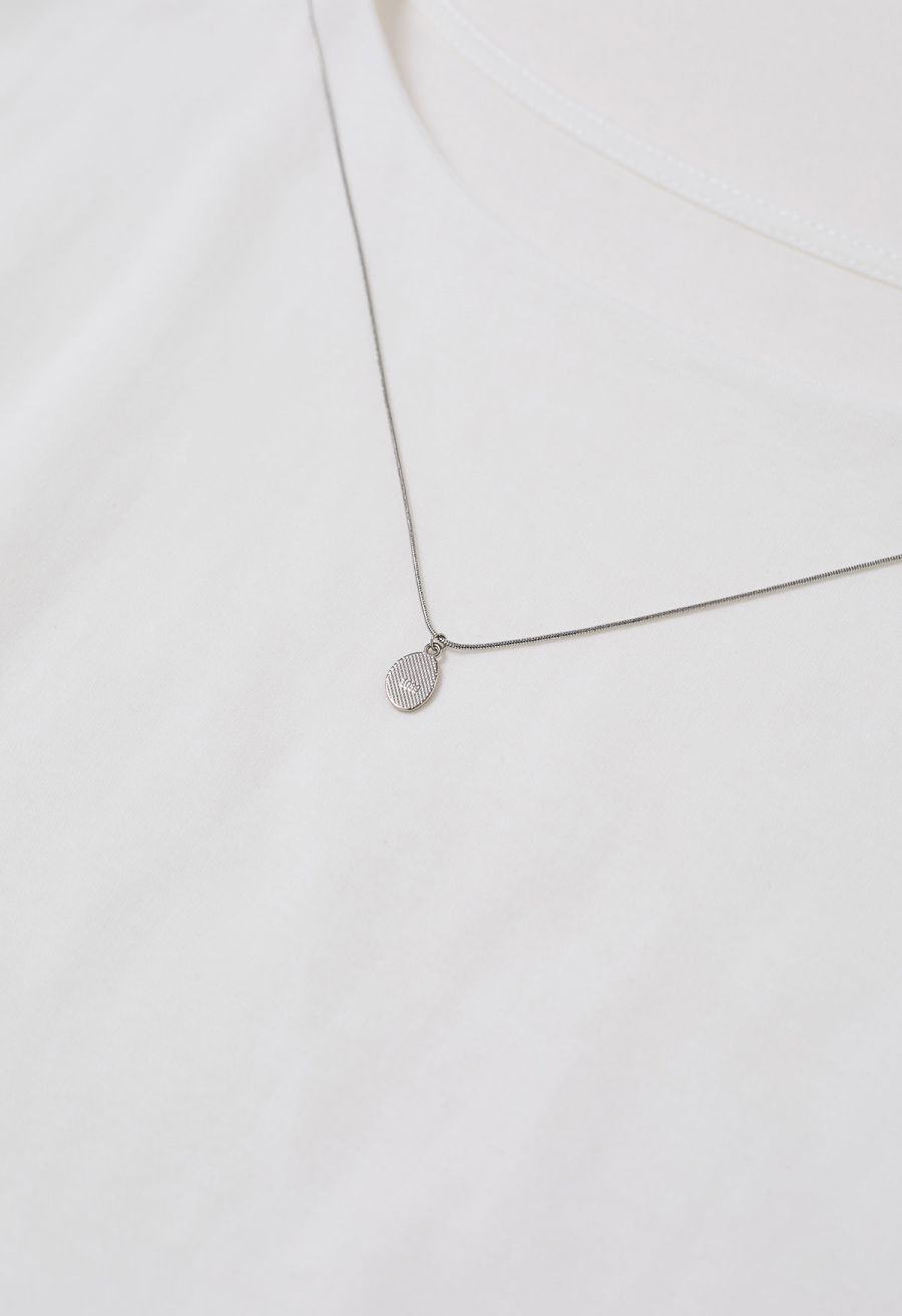 Decorative Necklace Side Pleat Cotton Top in White
