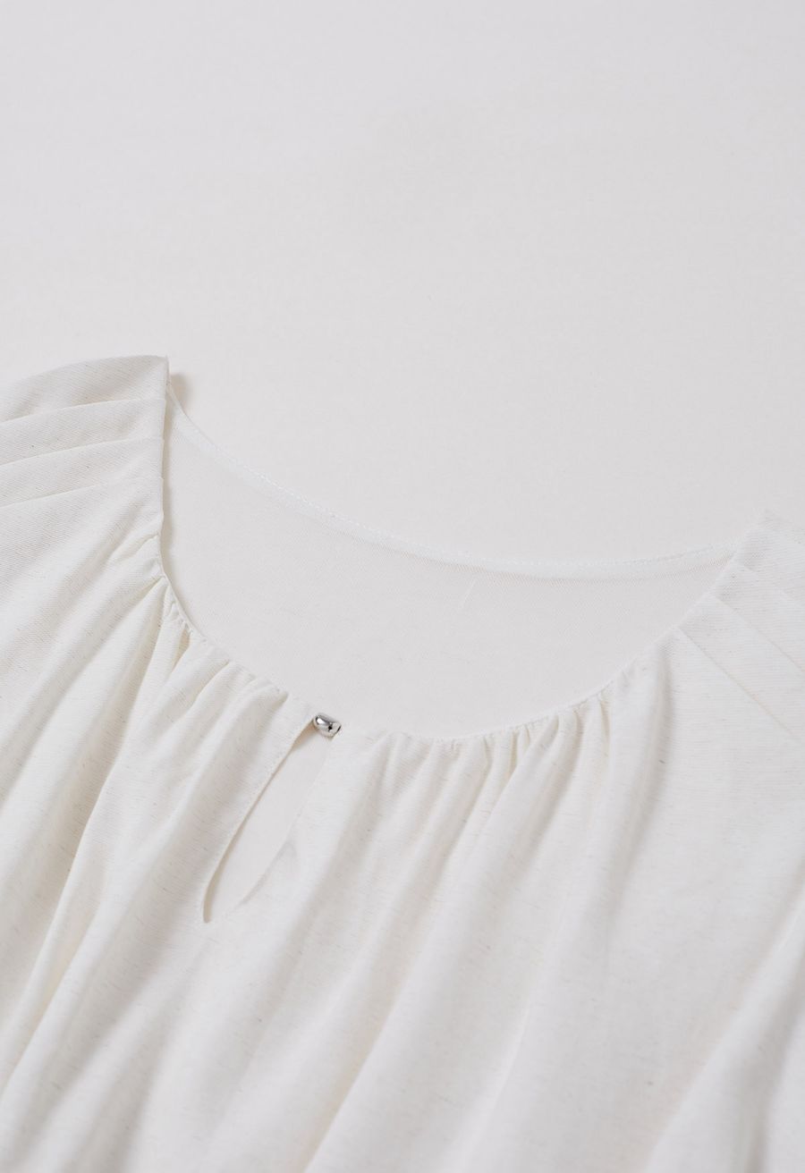 Mesh Inserted Linen-Blend Sleeveless Crop Top in White