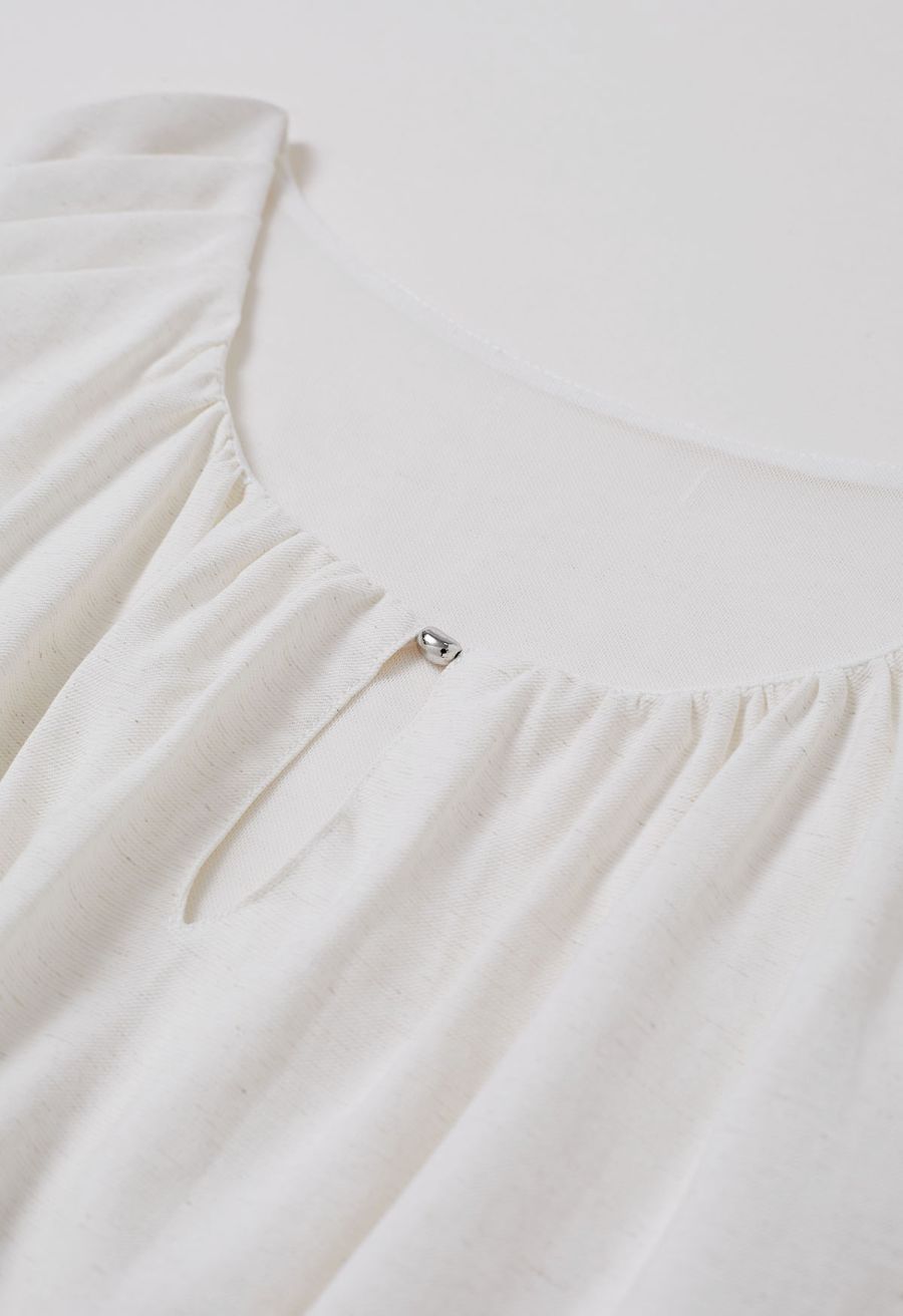Mesh Inserted Linen-Blend Sleeveless Crop Top in White