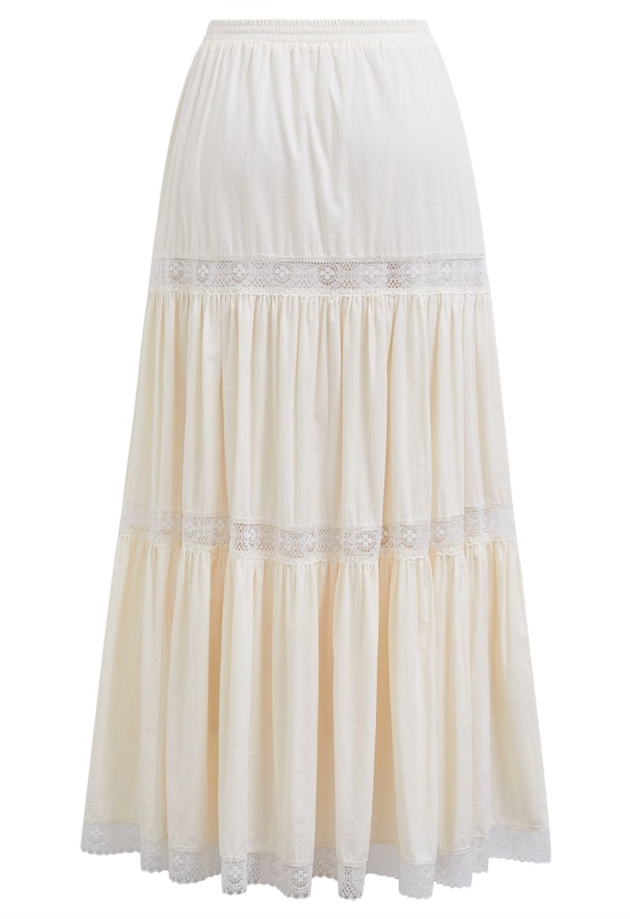 Lace Spliced Cotton Midi Skirt in Cream