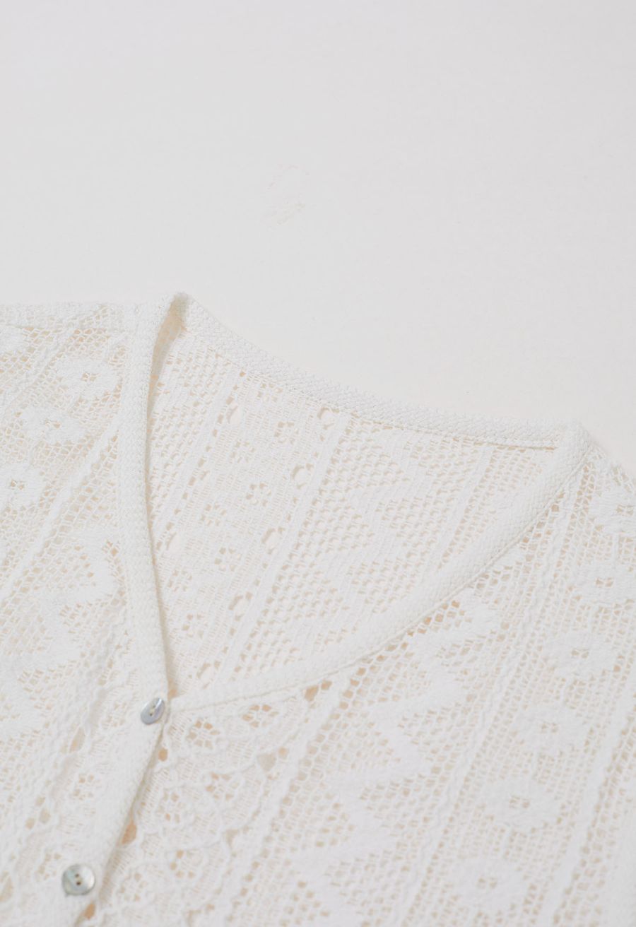 V-Neck Openwork Cotton Vest in White