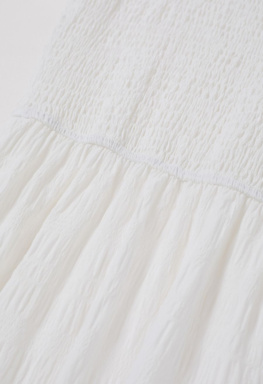Cutwork Sleeve Shirred Bodice Midi Dress in White