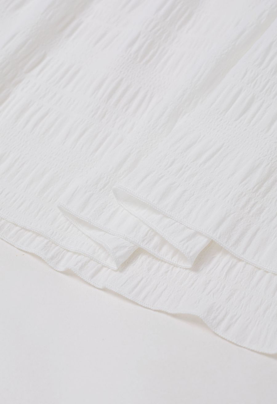 Cutwork Sleeve Shirred Bodice Midi Dress in White