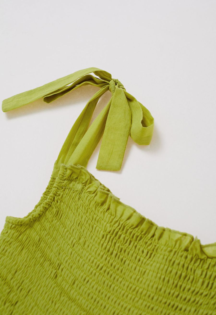 Lime Embroidery Shirred Tie-Strap Maxi Dress
