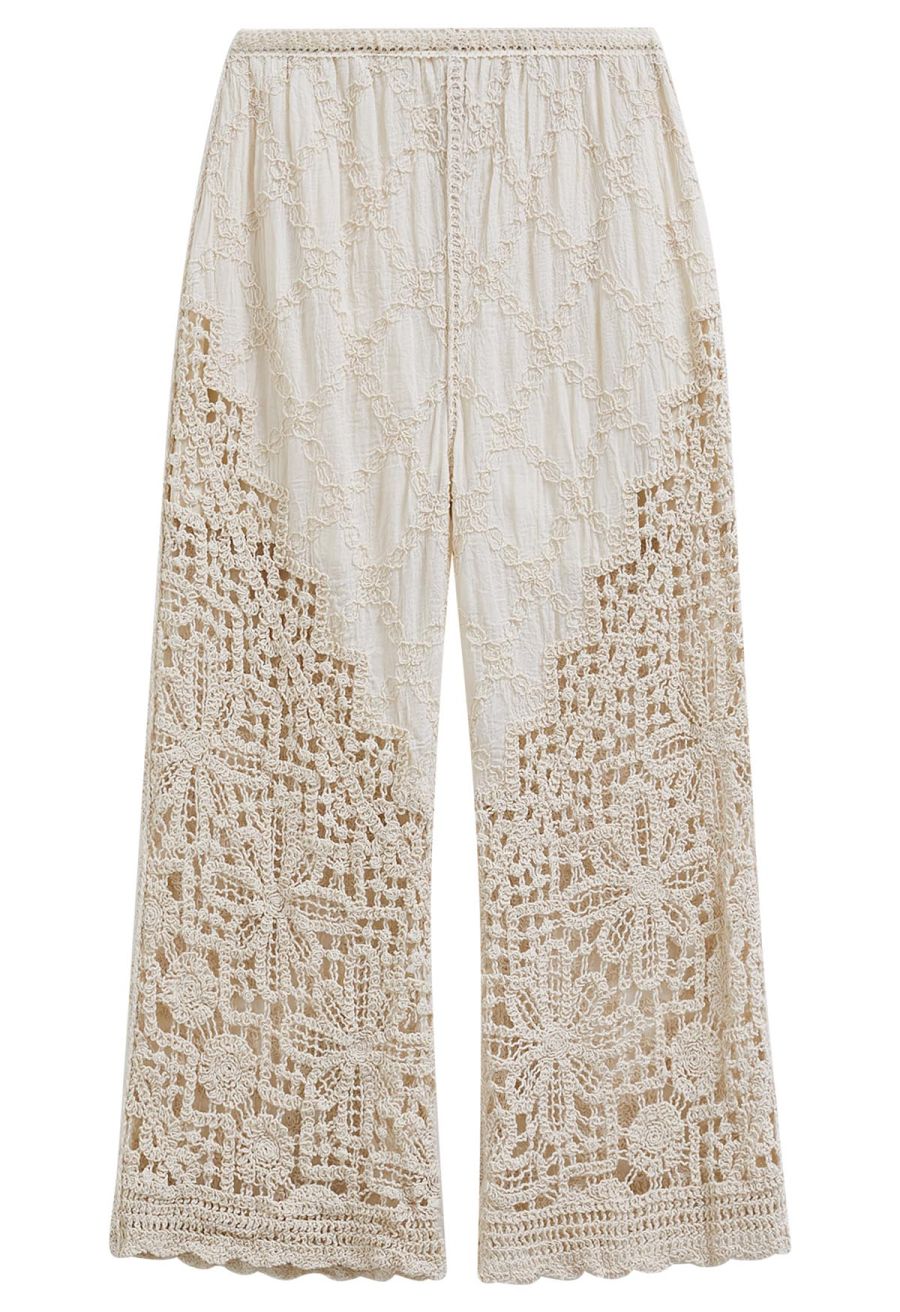 Diamond Shape Stitch Crochet Flower Pants in Linen