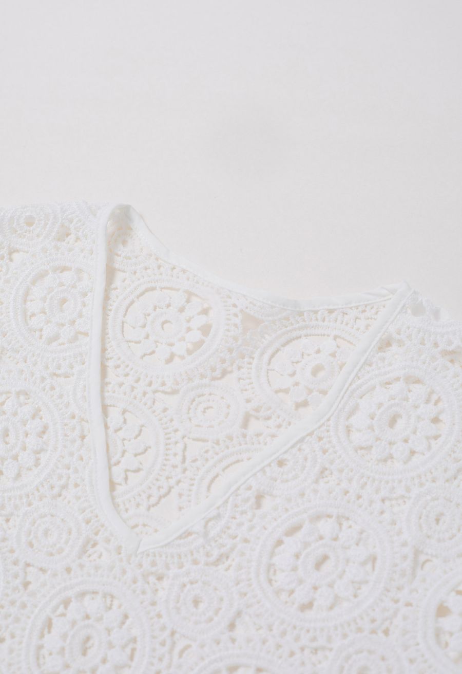 V-Neck Guipure Lace Flare Sleeve Cover-Up Dress in White