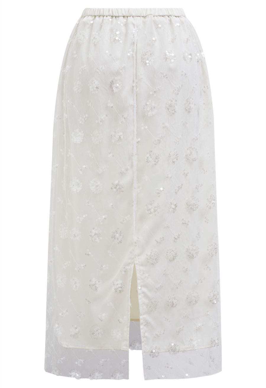 Sequined Dandelion Mesh Midi Skirt in Ivory