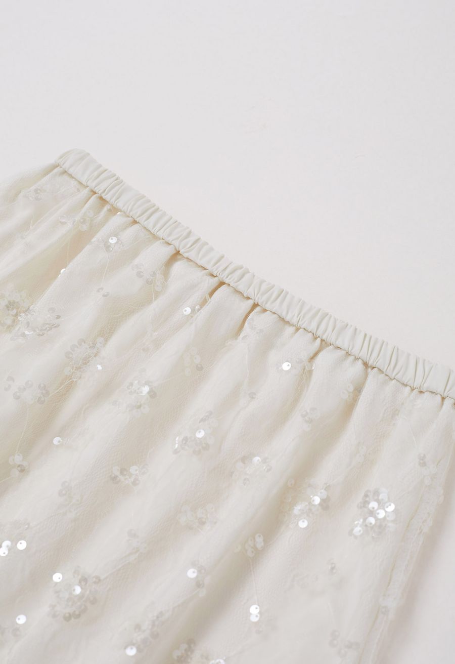 Sequined Dandelion Mesh Midi Skirt in Ivory