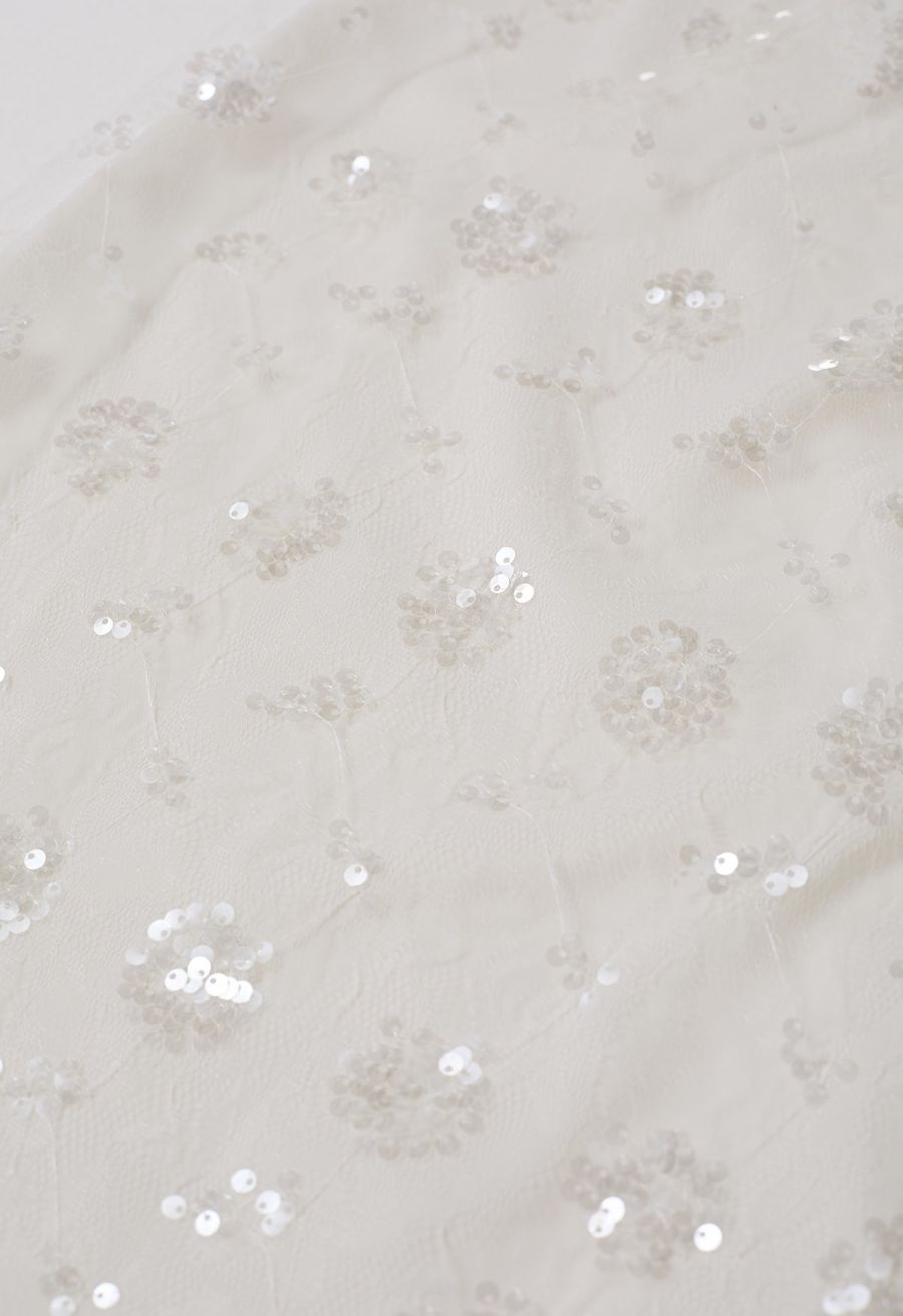 Sequined Dandelion Mesh Midi Skirt in Ivory