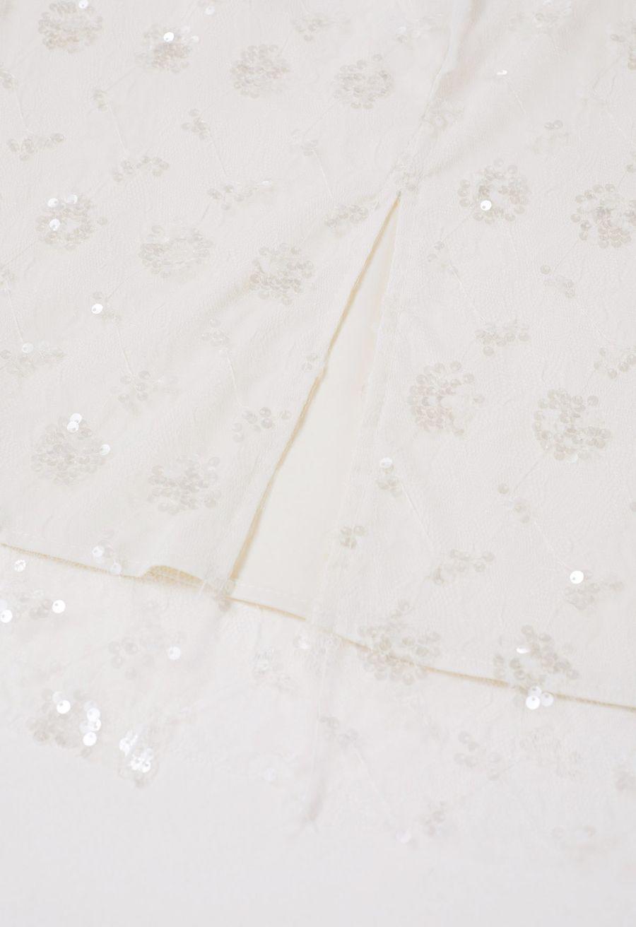 Sequined Dandelion Mesh Midi Skirt in Ivory