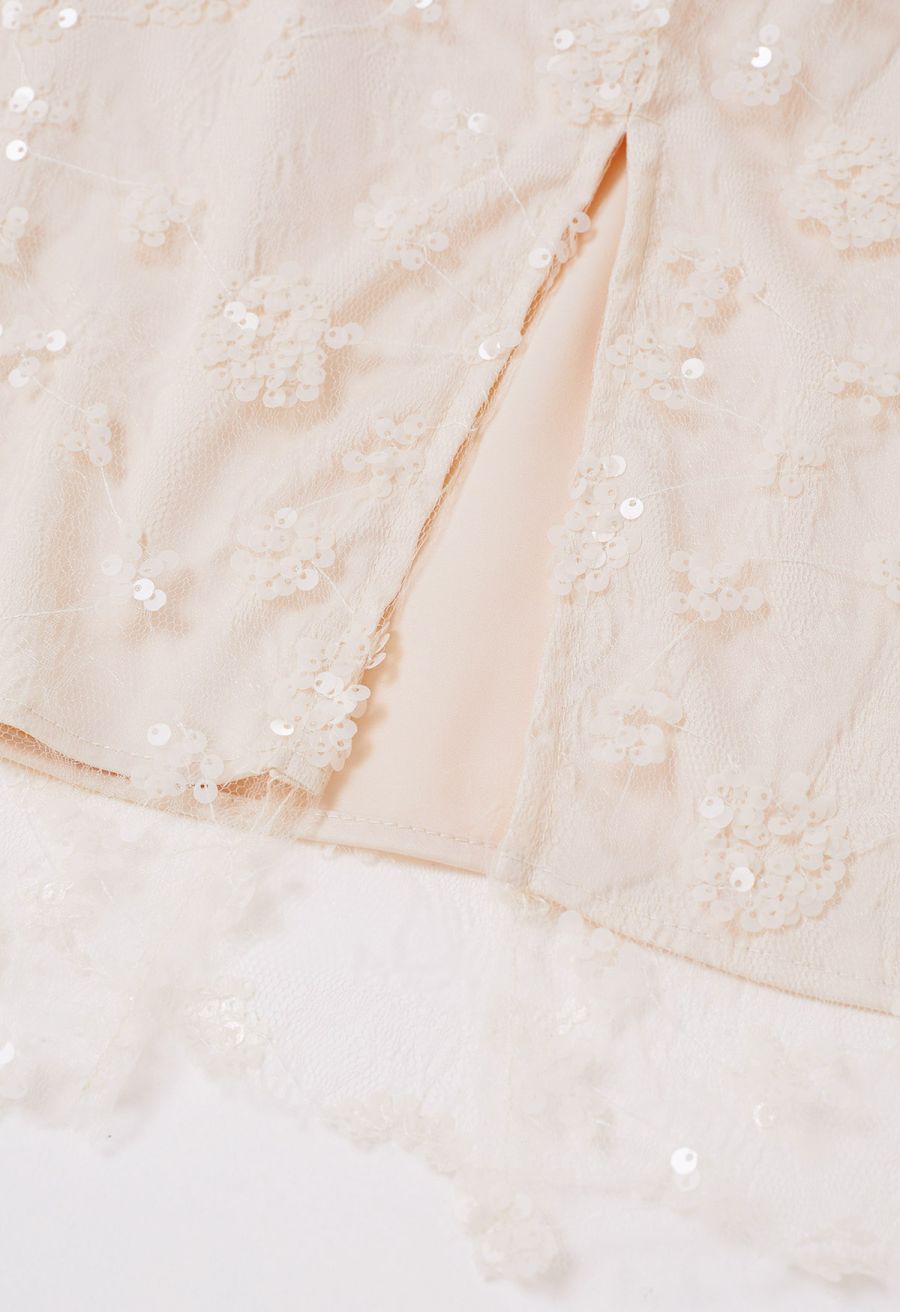 Sequined Dandelion Mesh Midi Skirt in Apricot