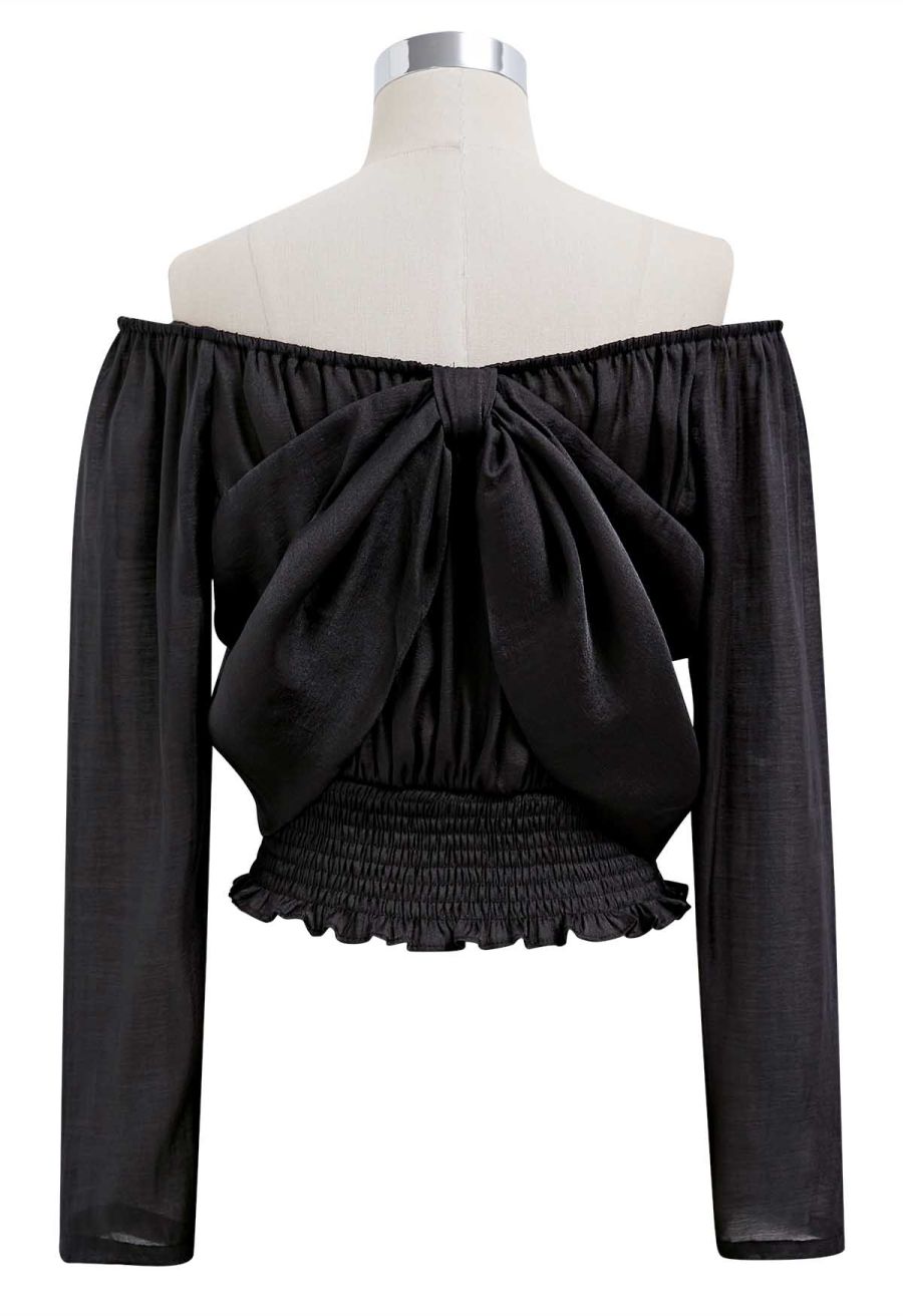 Bowknot Off-Shoulder Shirred Waist Crop Top