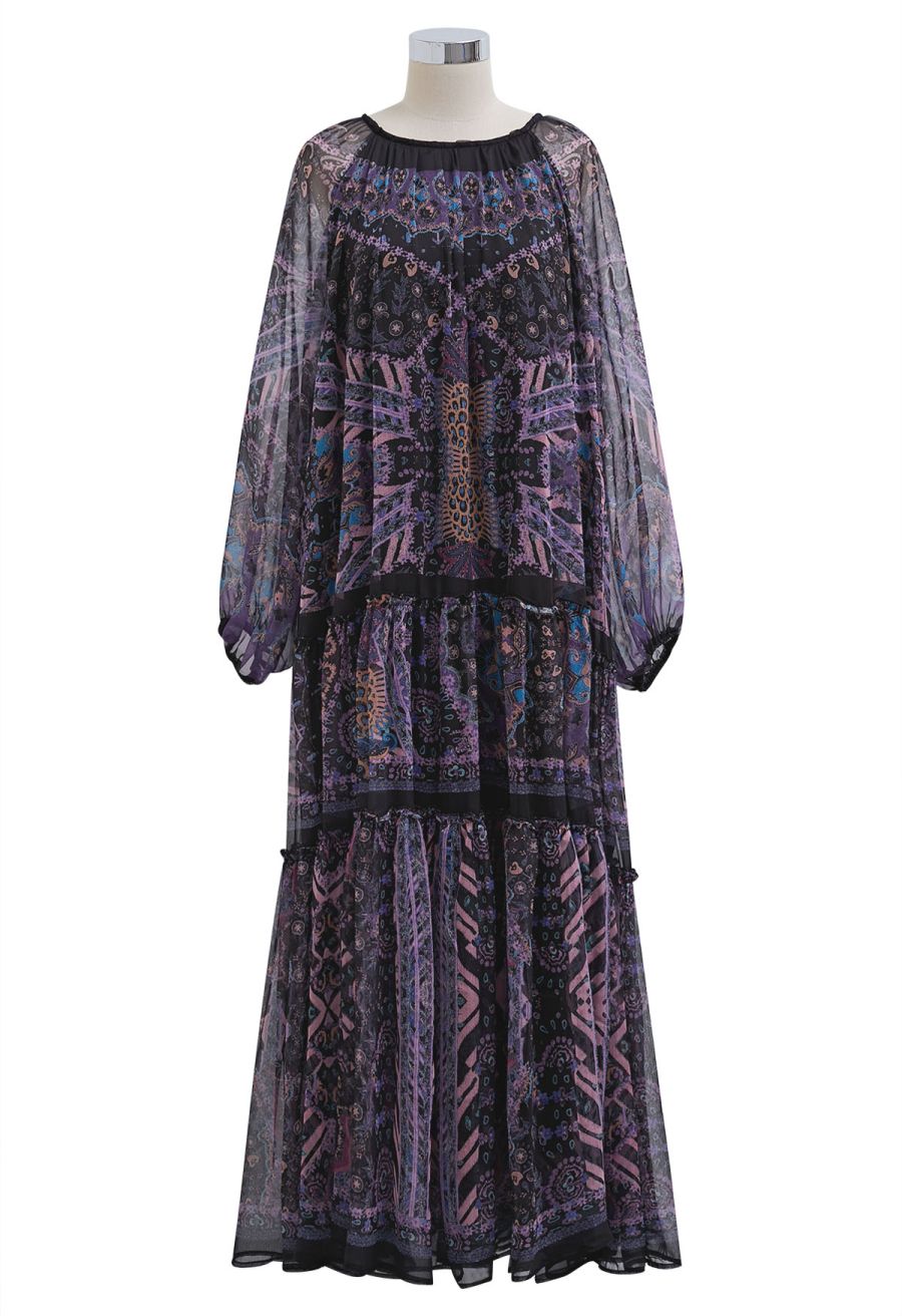 Mystic Garden Bubble Sleeve Ruffle Maxi Dress in Black