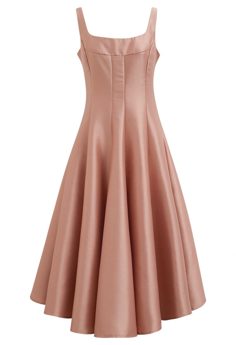 Polished Satin Flared Hem Cami Dress in Coral