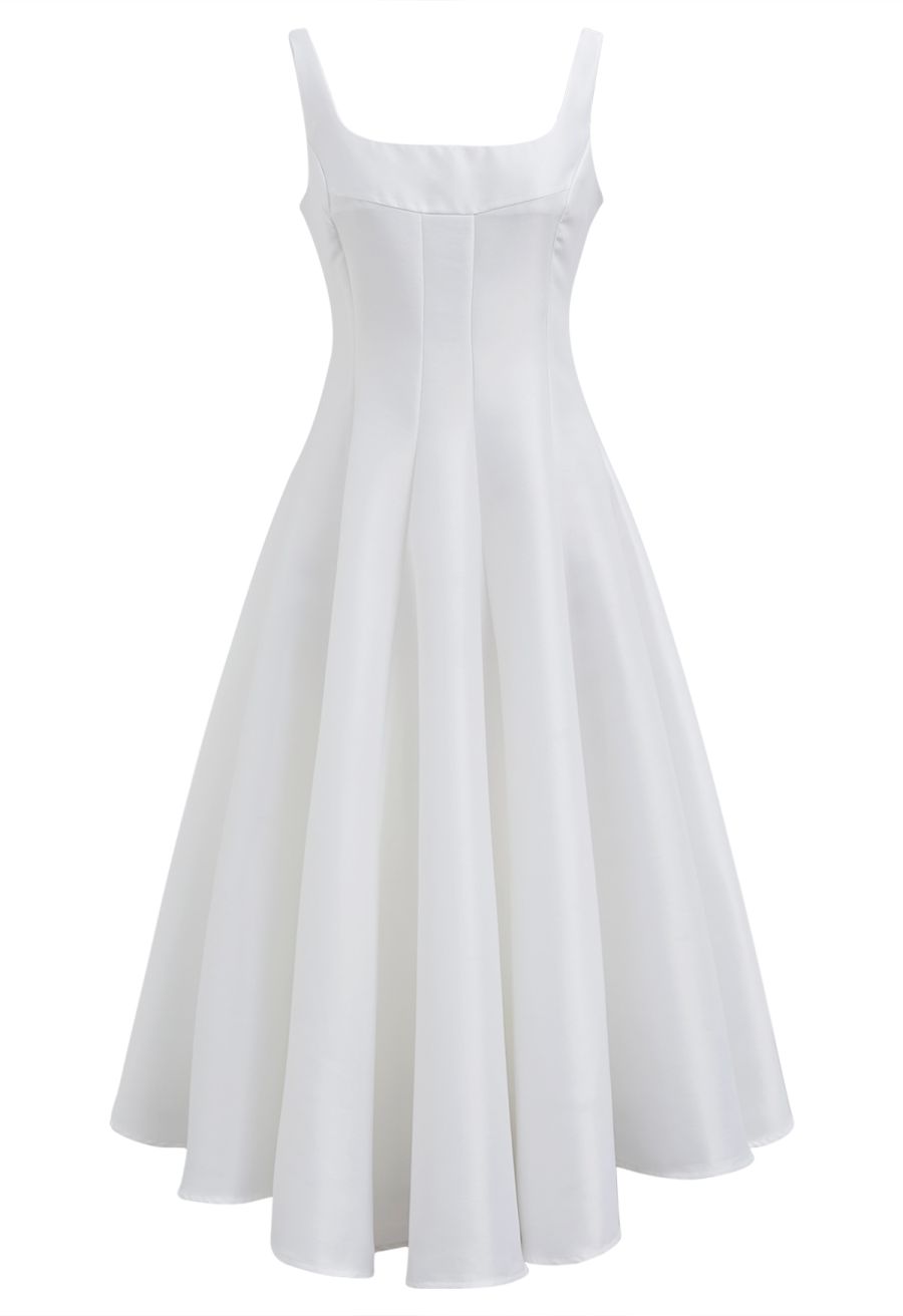 Polished Satin Flared Hem Cami Dress in White