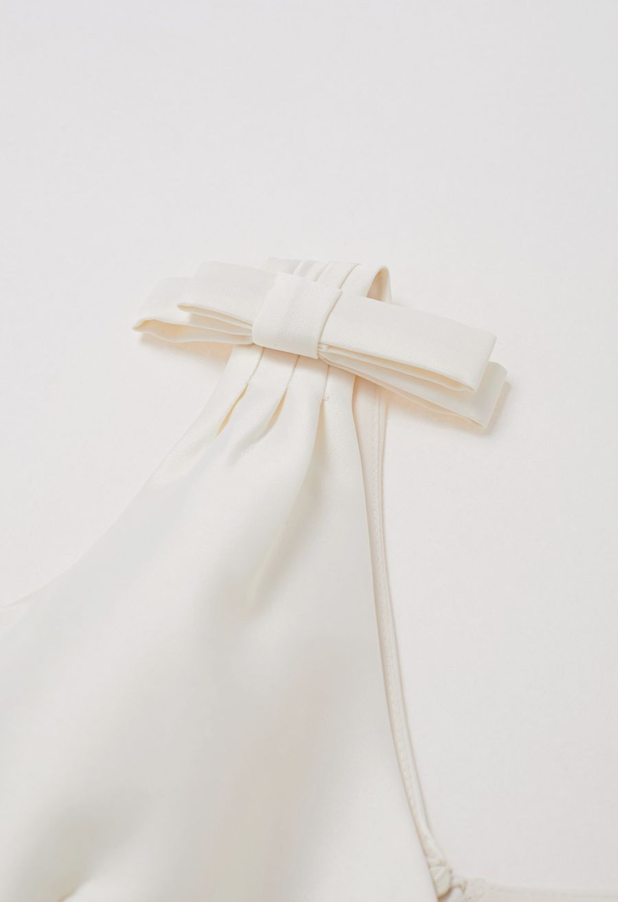 Bow Shoulder Zircon Button Midi Dress in Cream