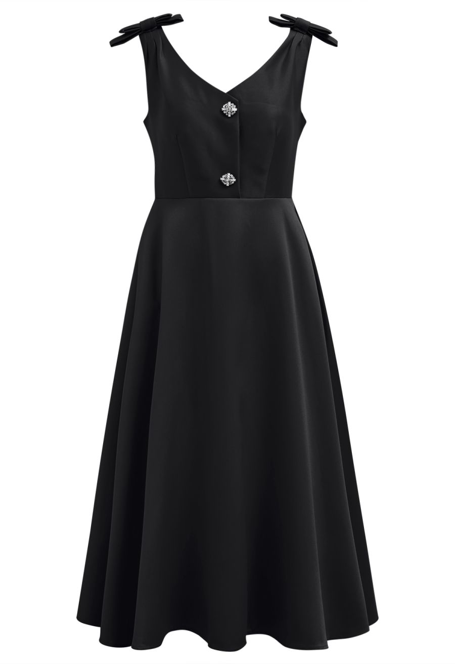 Bow Shoulder Zircon Button Midi Dress in Black